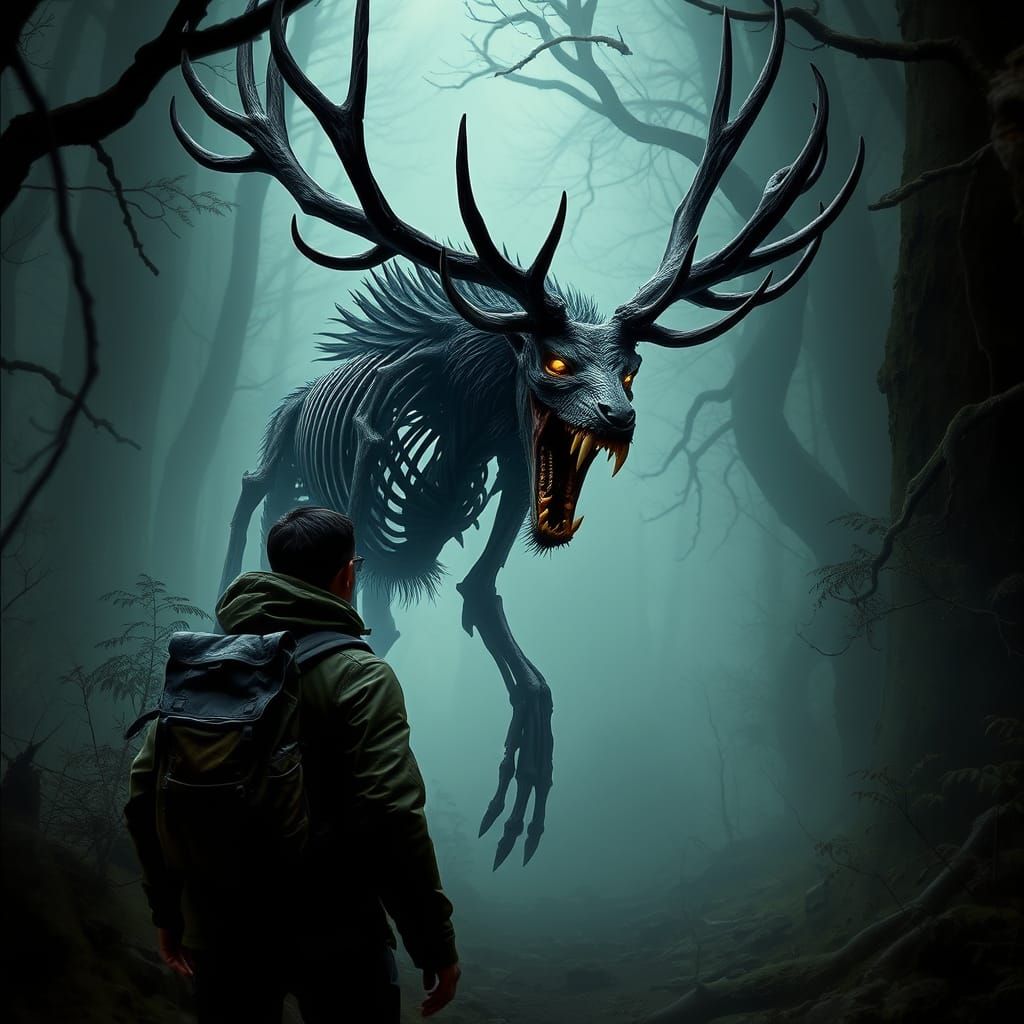 Skeletal Werewolf Hybrid Emerges from Dark Forest
