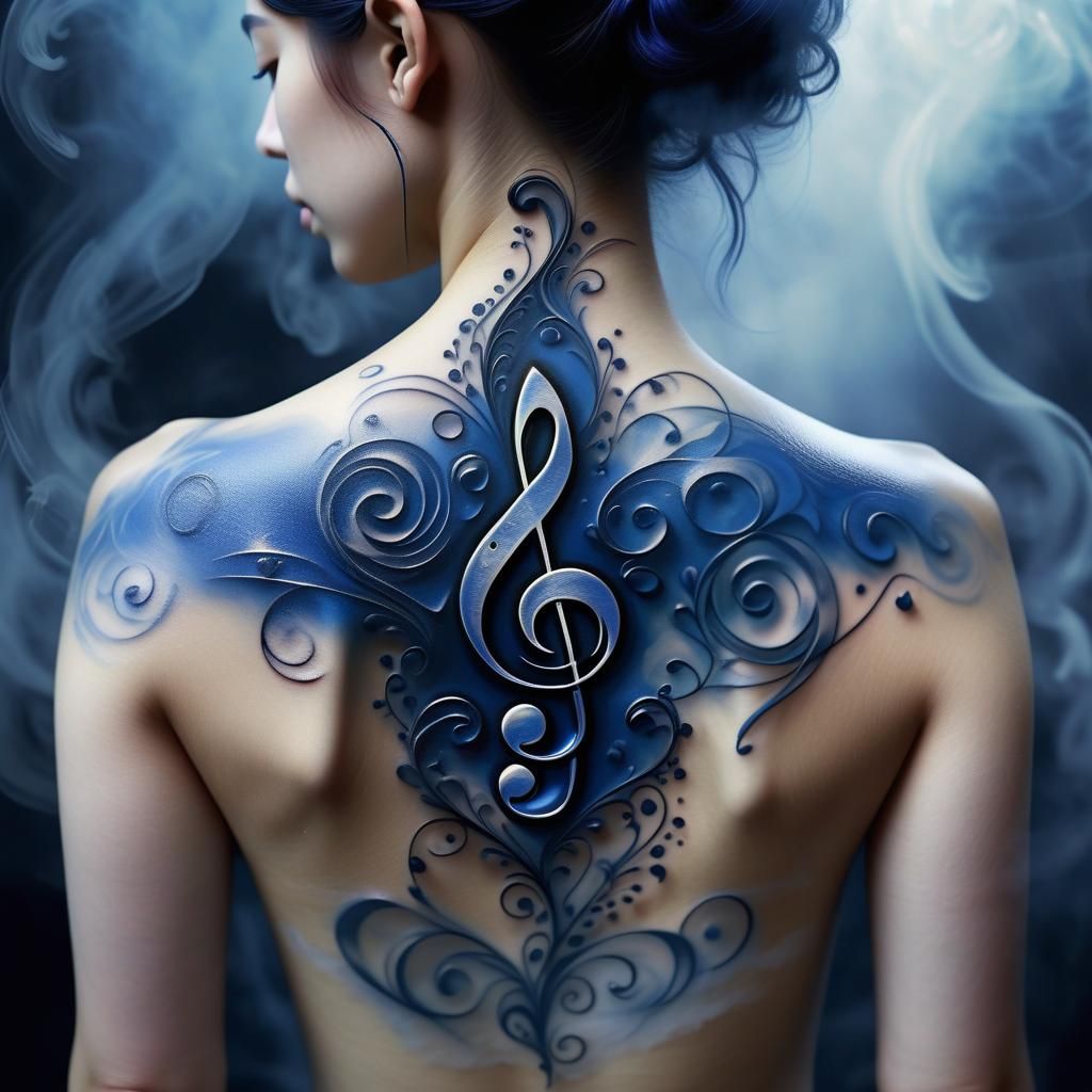 Ethereal Woman with Music Note Tattoos in Fog