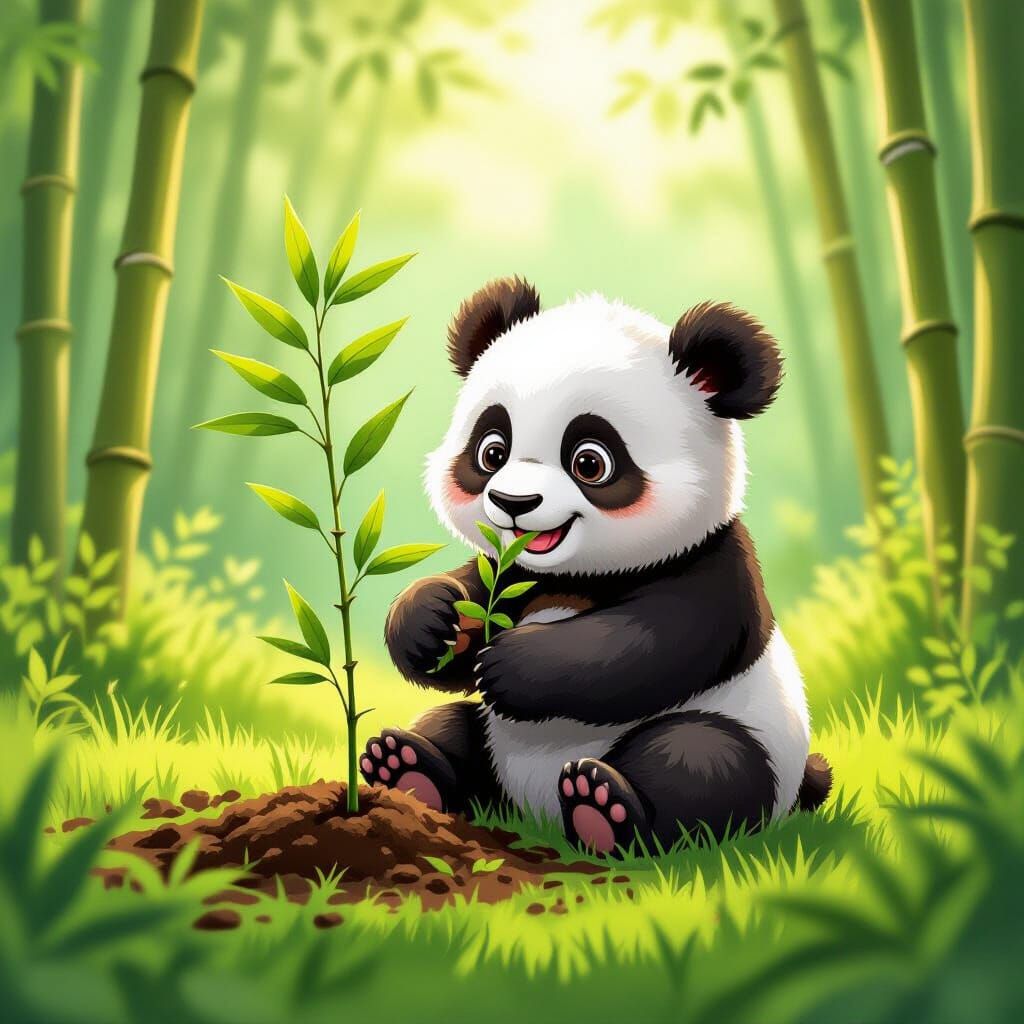 Baby Panda Plants Bamboo in Forest Clearing