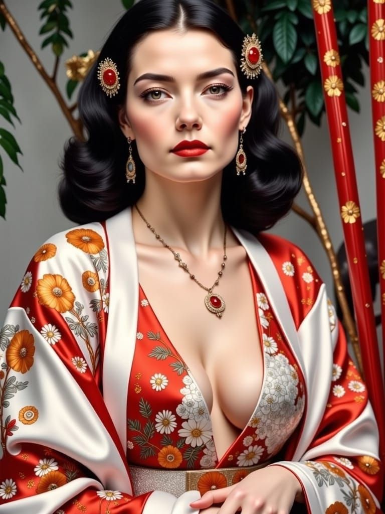 French Woman in Red and White Kimono, Ava Gardner Likeness