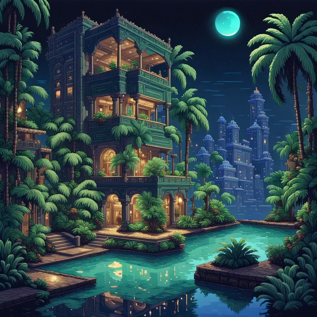 Luxurious Oasis: 8-bit Pixel Art at Night