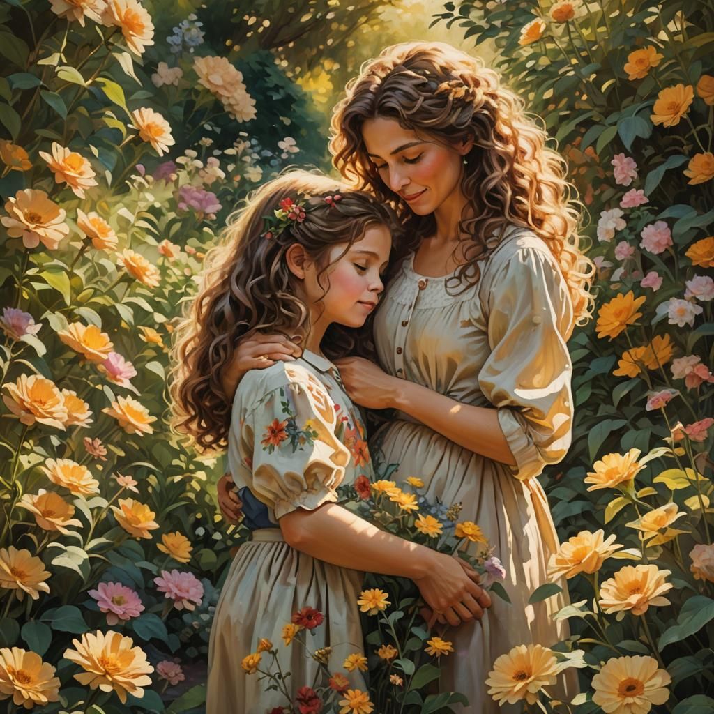 Mother and Children in Garden as Oil Painting