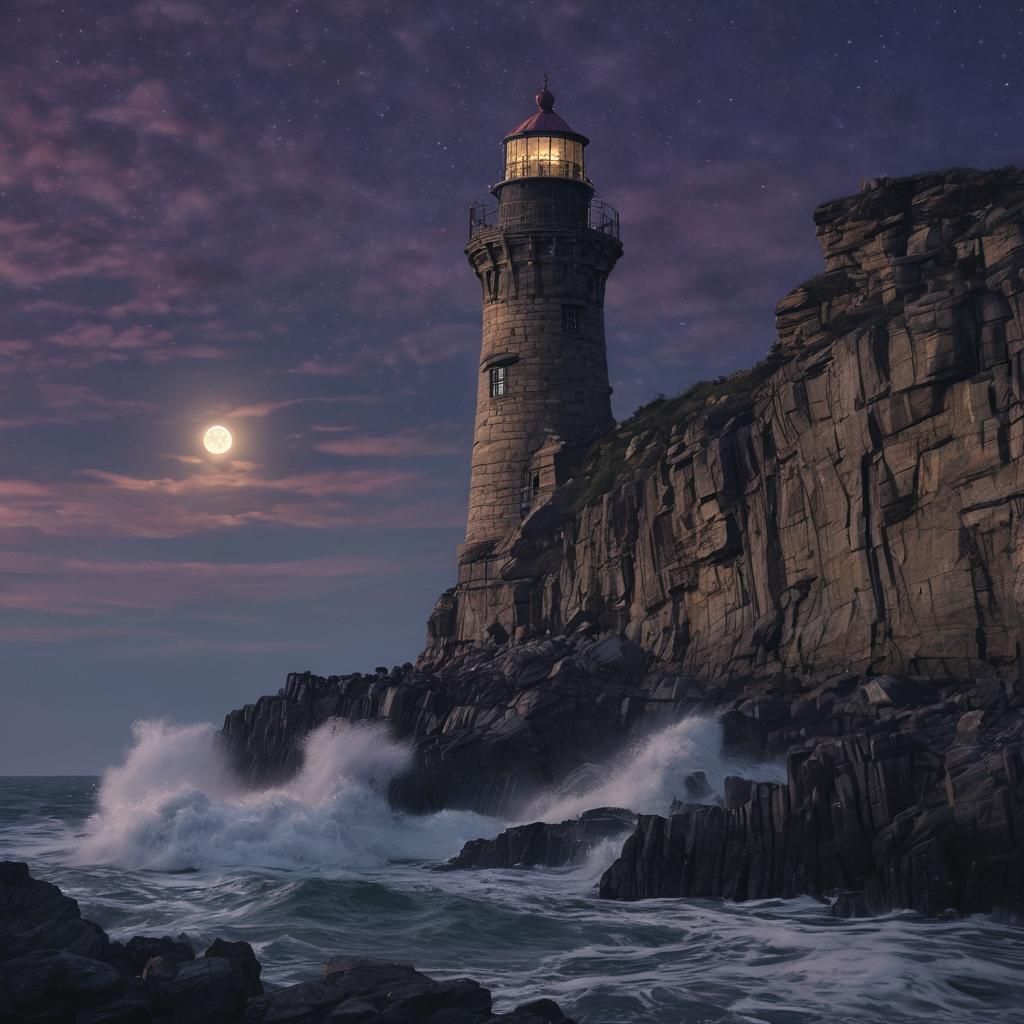Dramatic Coastal Lighthouse Under Moonlight, Cinematic Style