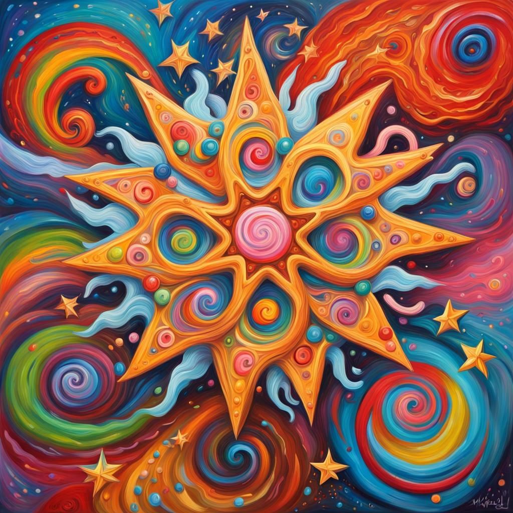 Electromagnetic Coils Around a Star: Impasto Oil Painting