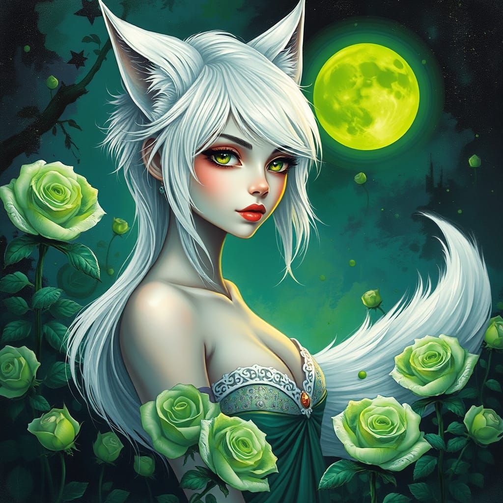 Whimsical Wolf-Woman Portrait in a Rose Garden