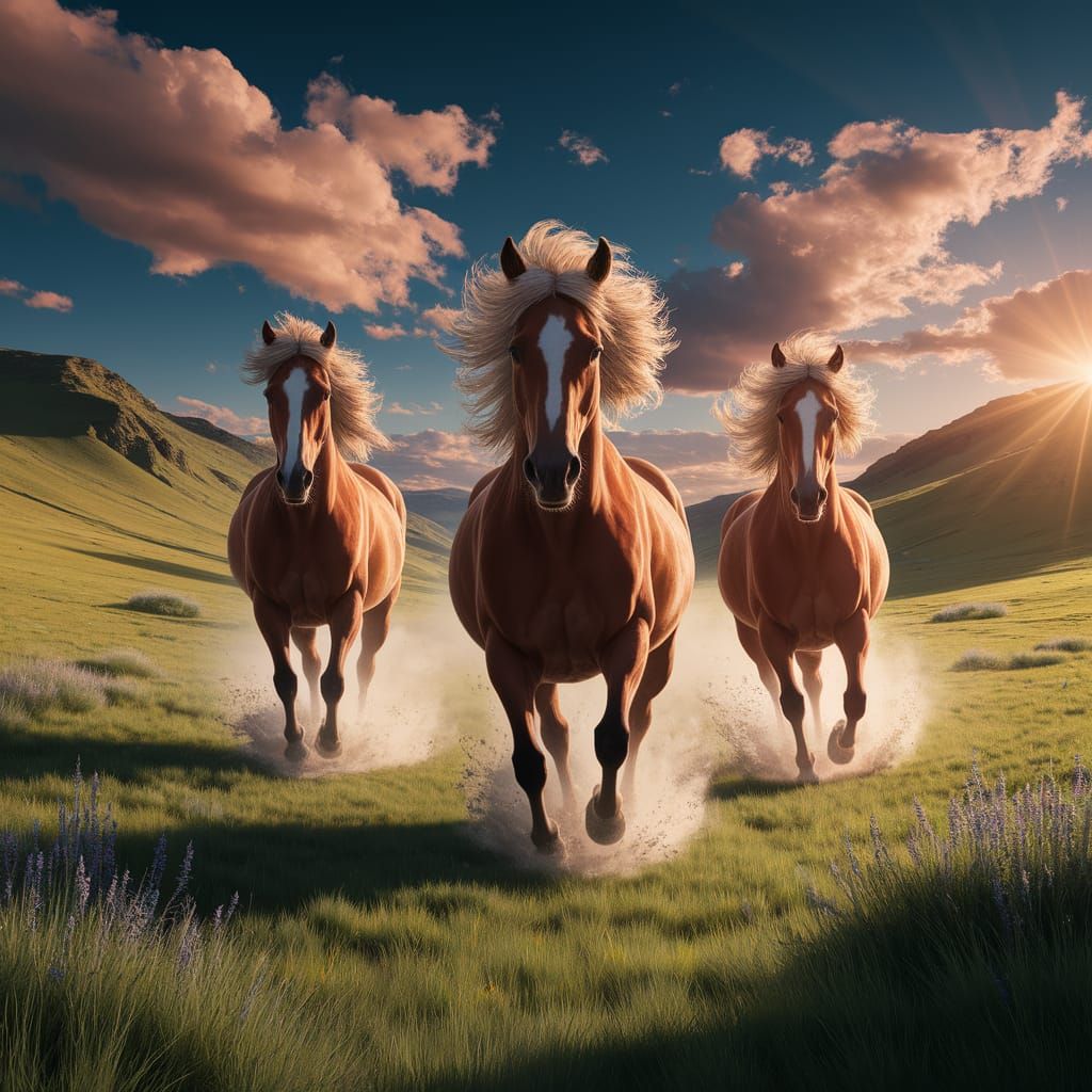 Majestic Horses Galloping in Sunlit Meadow