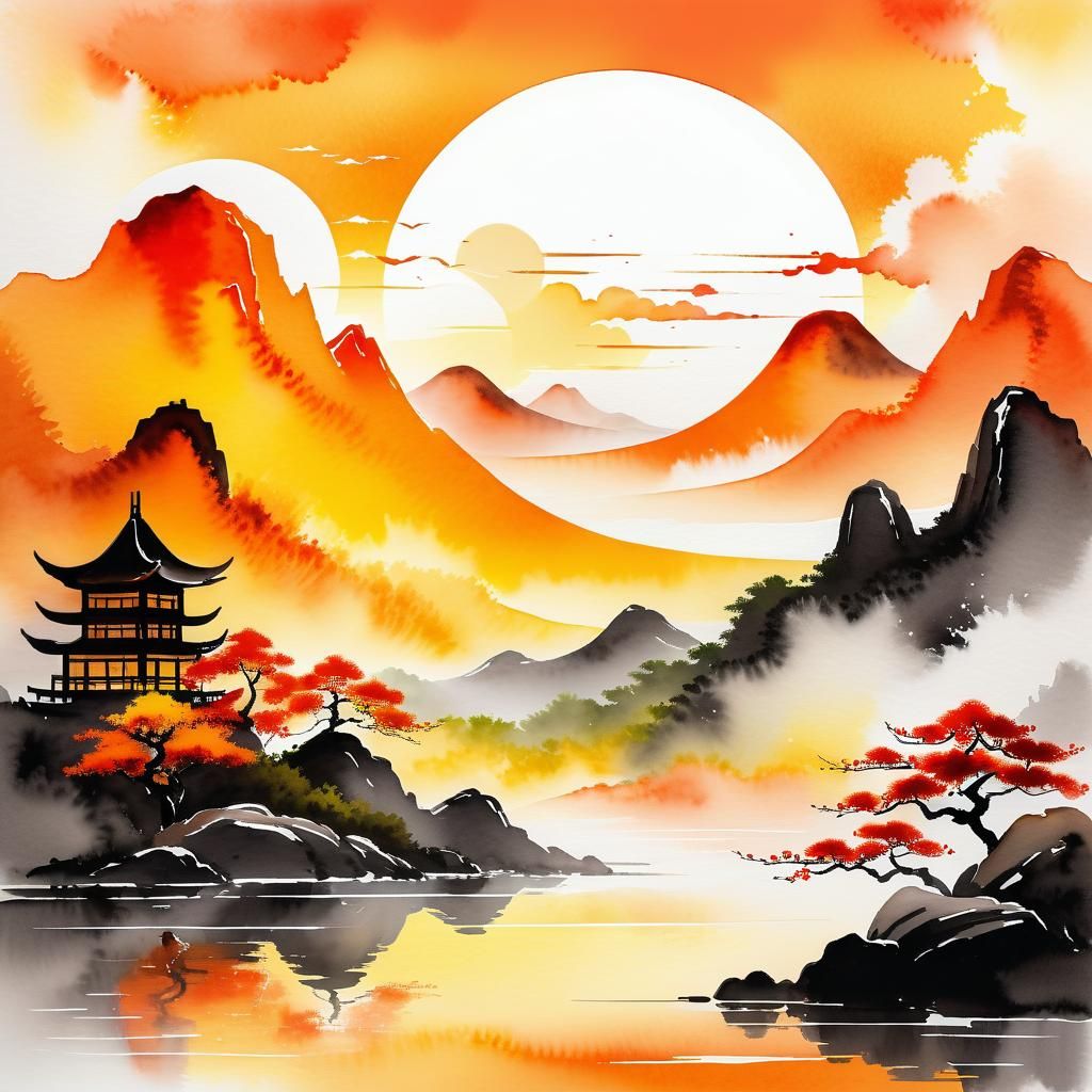 Watercolor Chinese Landscape Abstract Painting