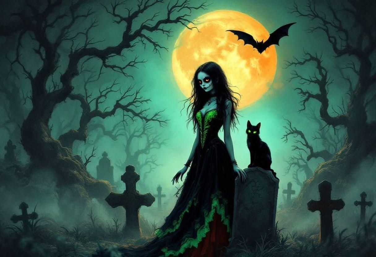 Goth Girl in a Cemetery on Halloween