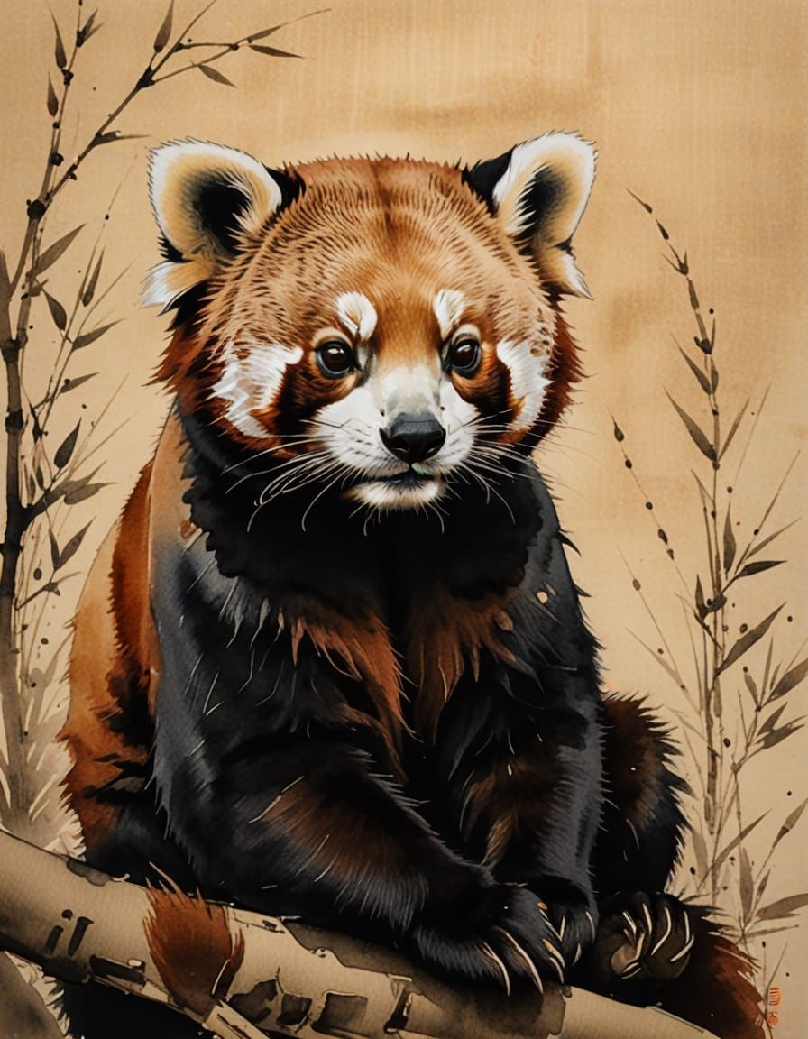 Red Panda in Chinese Ink Painting Style