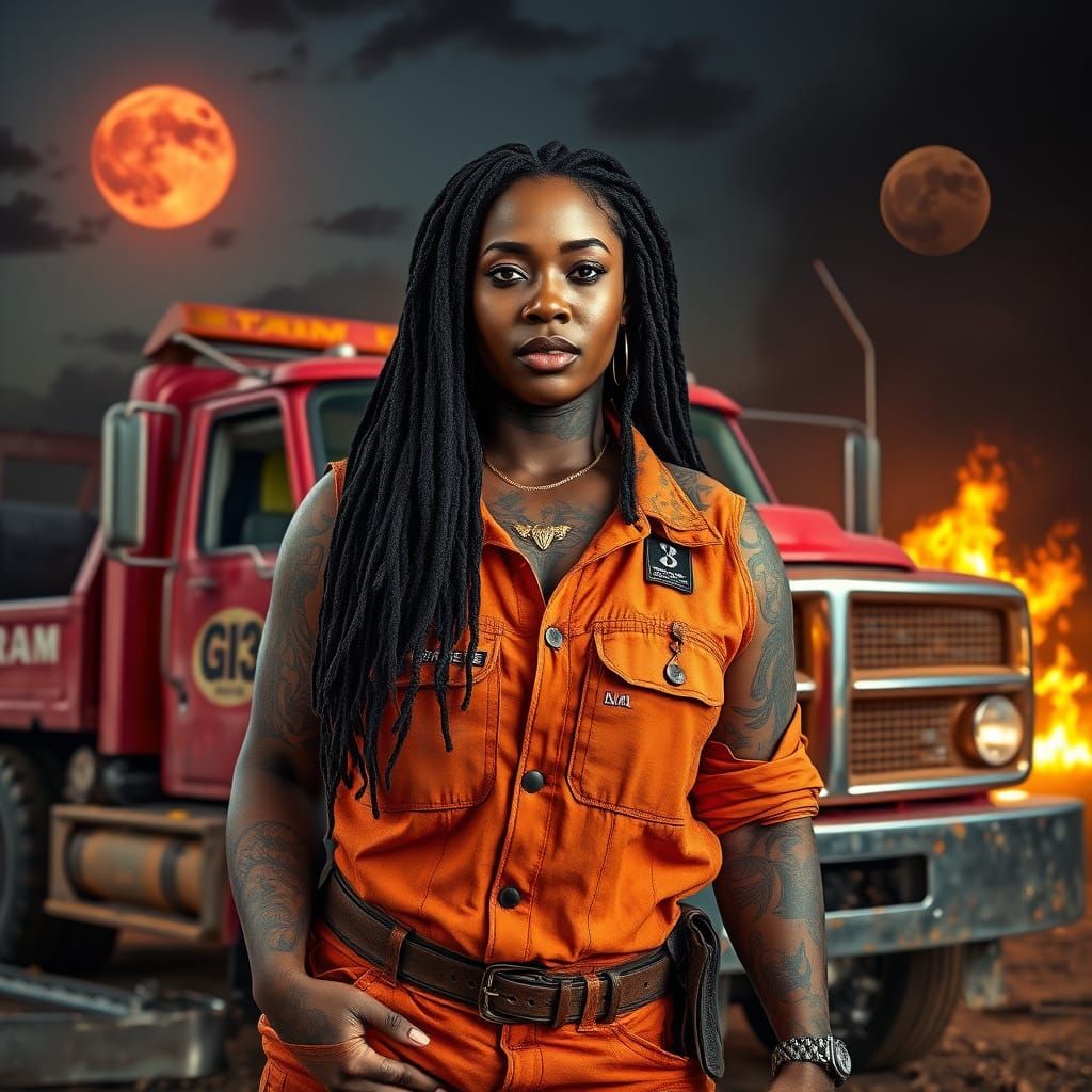 Vibrant African Warrior in Orange Work Attire, Surrounded by...