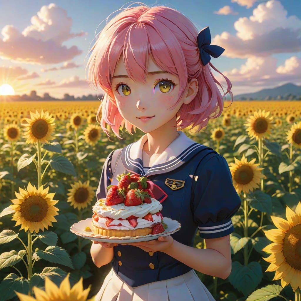 Anime Girl with Strawberry Shortcake in Sunflower Field