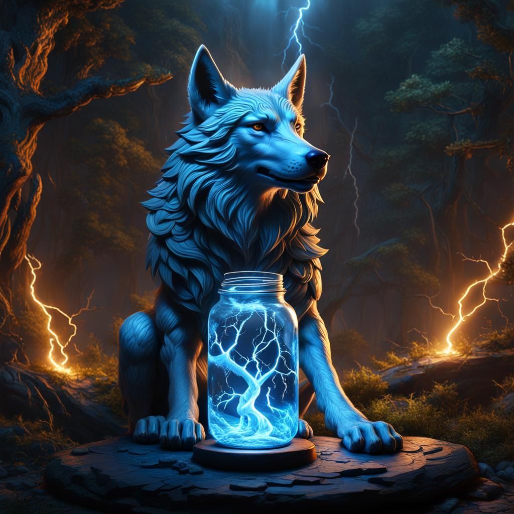 Blue Lightning in a Jar: Wolf Elemental Digital Art