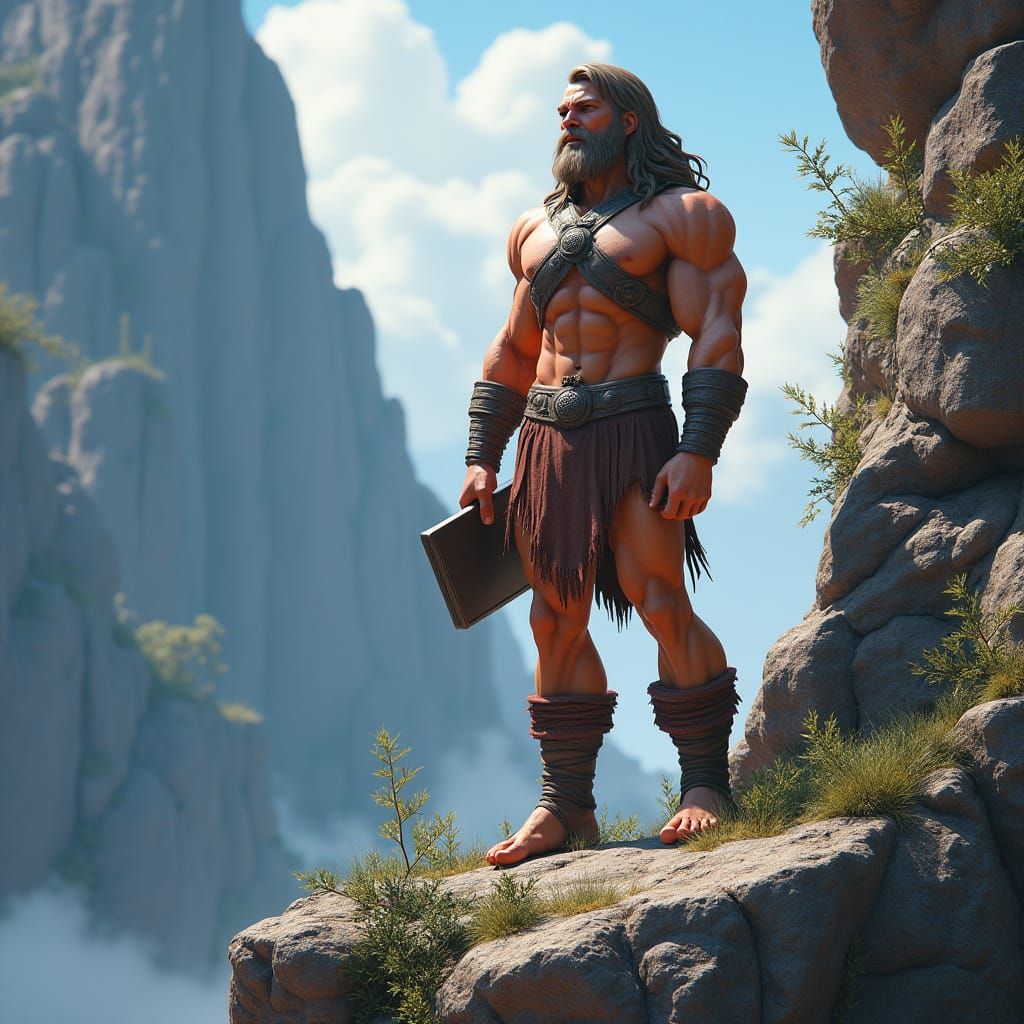 Muscular He-Man with Laptop on Cliff
