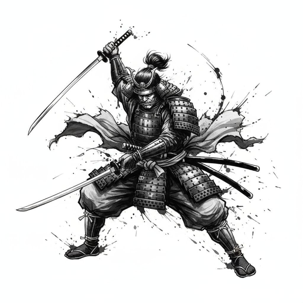 Monochrome Samurai Battle Illustration with Expressive Brush...