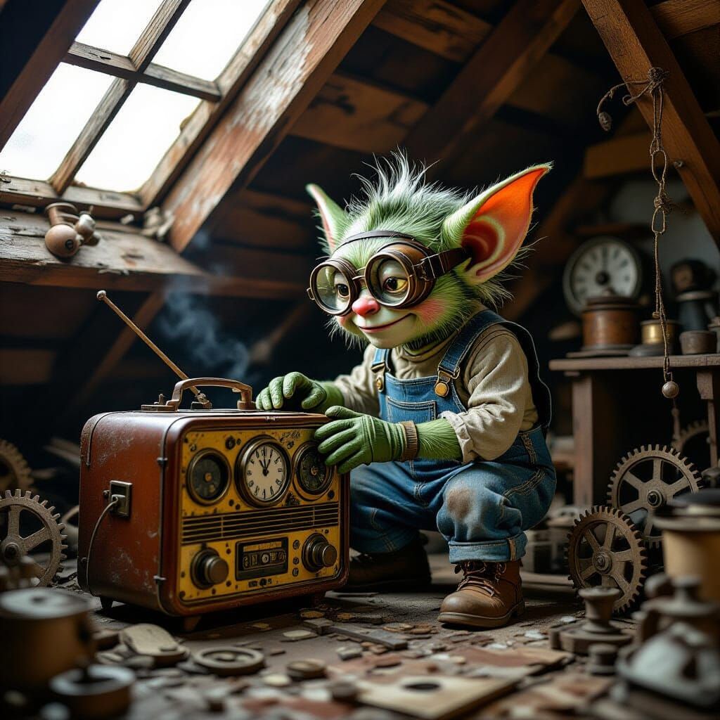 Gremlin Repairs Radio in Attic, Etched Illustration Style
