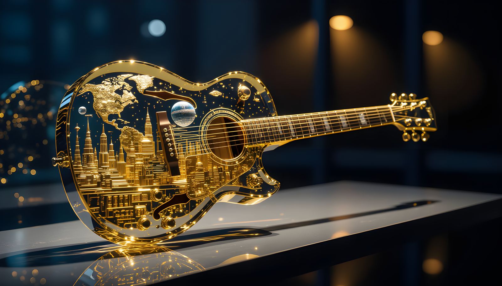 Golden Glass Guitar With Miniature World