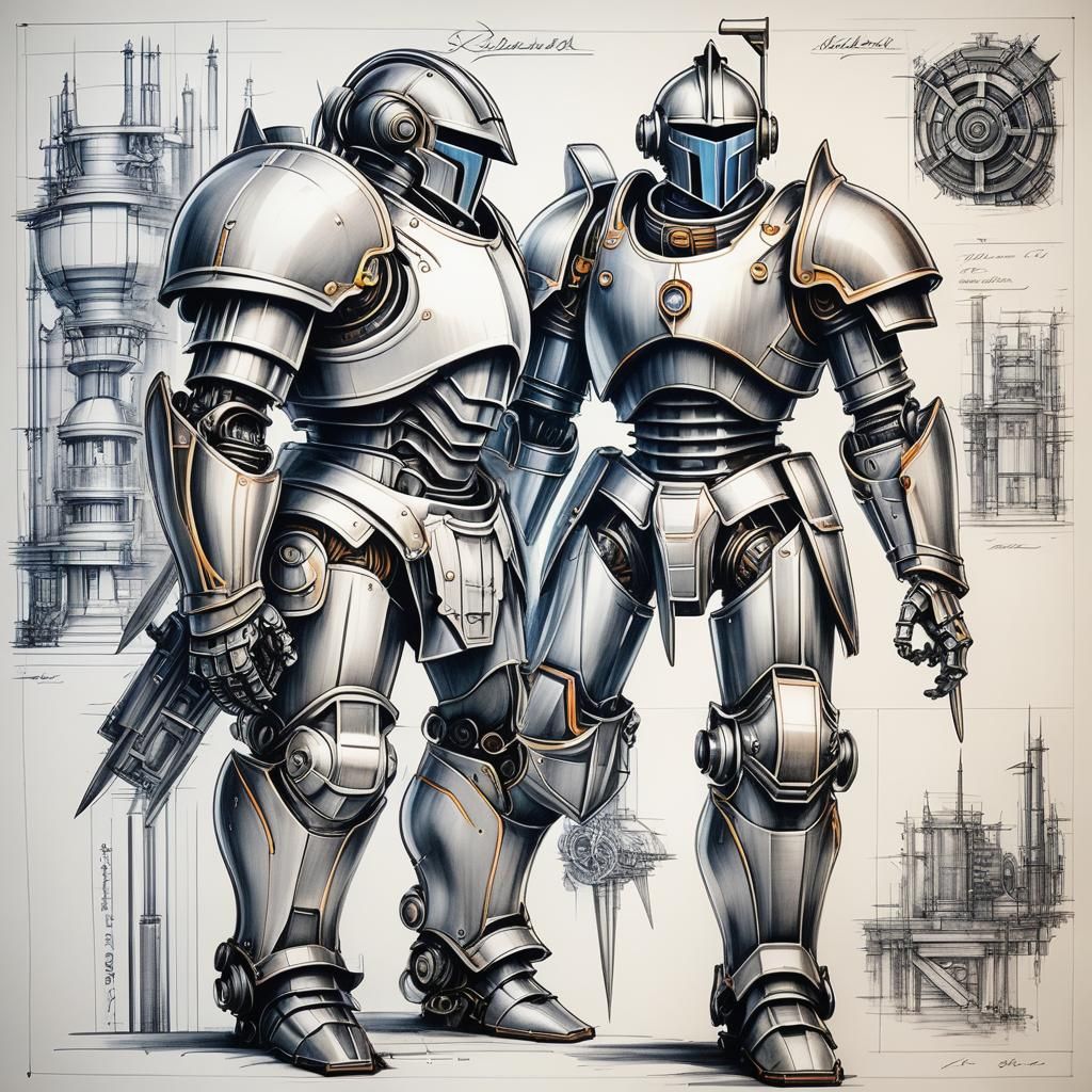 Mechanical Knight: Architectural Drawing in Blueprint Style