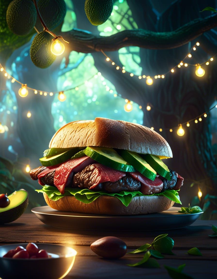 Steak and Avocado Sandwich in Dark Fantasy Style