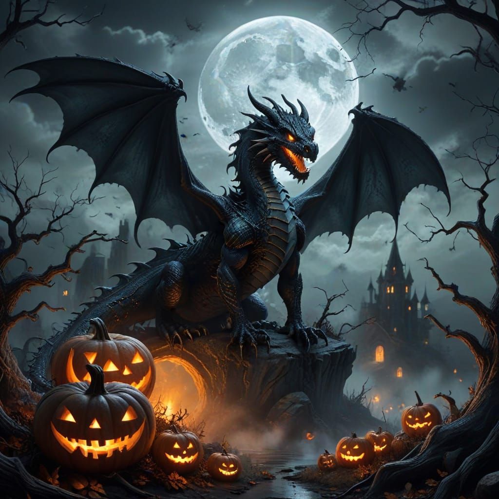 Fearsome Dragon Silhouetted Against Full Moon Halloween Art
