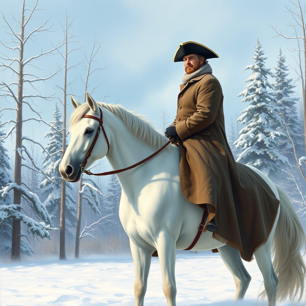 Regal Cowboy Rides into Winter Wonderland in Detailed Oil Pa...