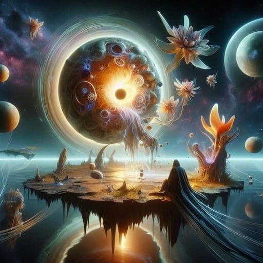 Surreal Alien Garden on Shattered Planet's Edge, Near Glowin...