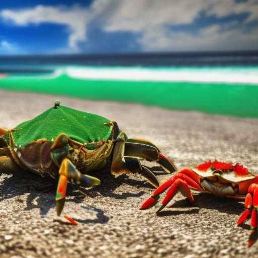 Green Crabs on Fantasy Beach Shore: Digital Art