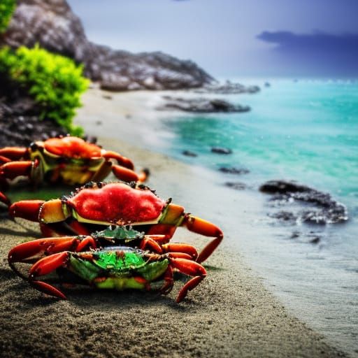 Green Crabs on Beach Shore in Digital Art Style