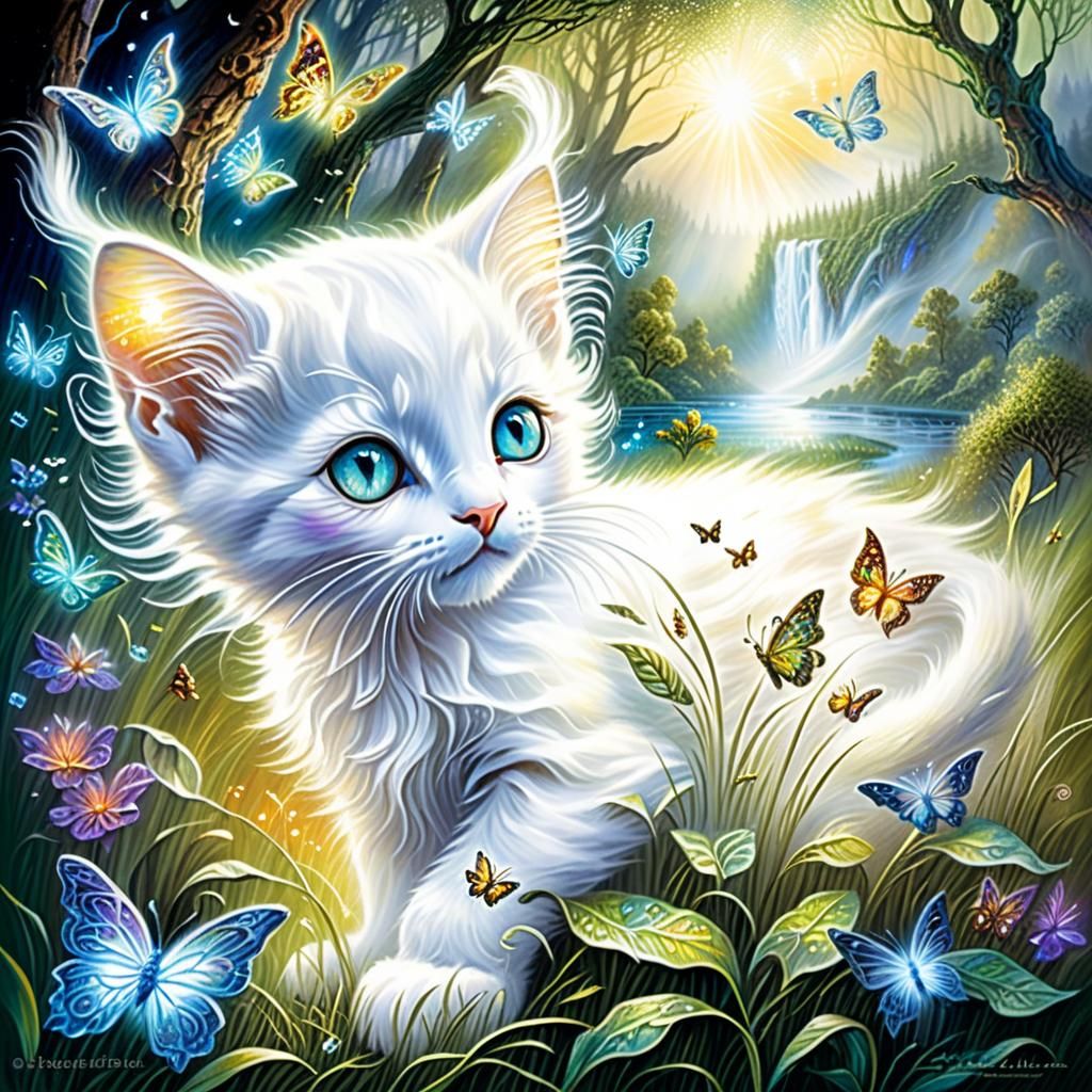 Ethereal Kitten Elves in Mystical Forest Meadow