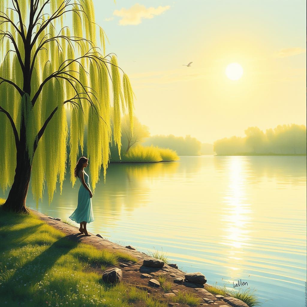 Spring Lakeside Sunrise in Pastel Pointillism