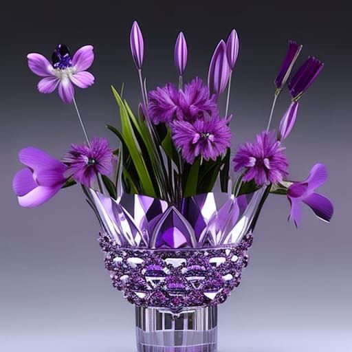 Crystal Vase with Purple Flowers in Sunlight