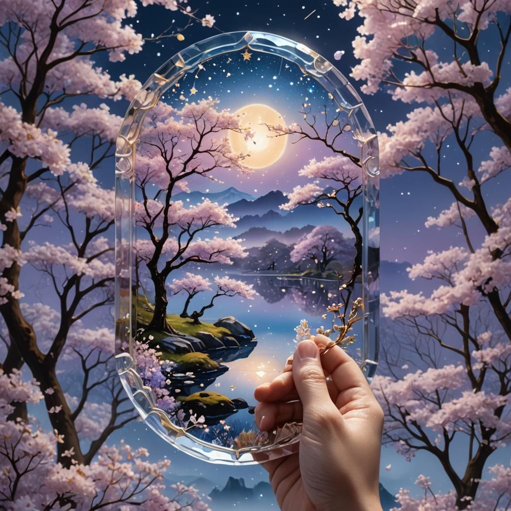 Crystal Postcard Reflecting a Twilight Sakura Garden