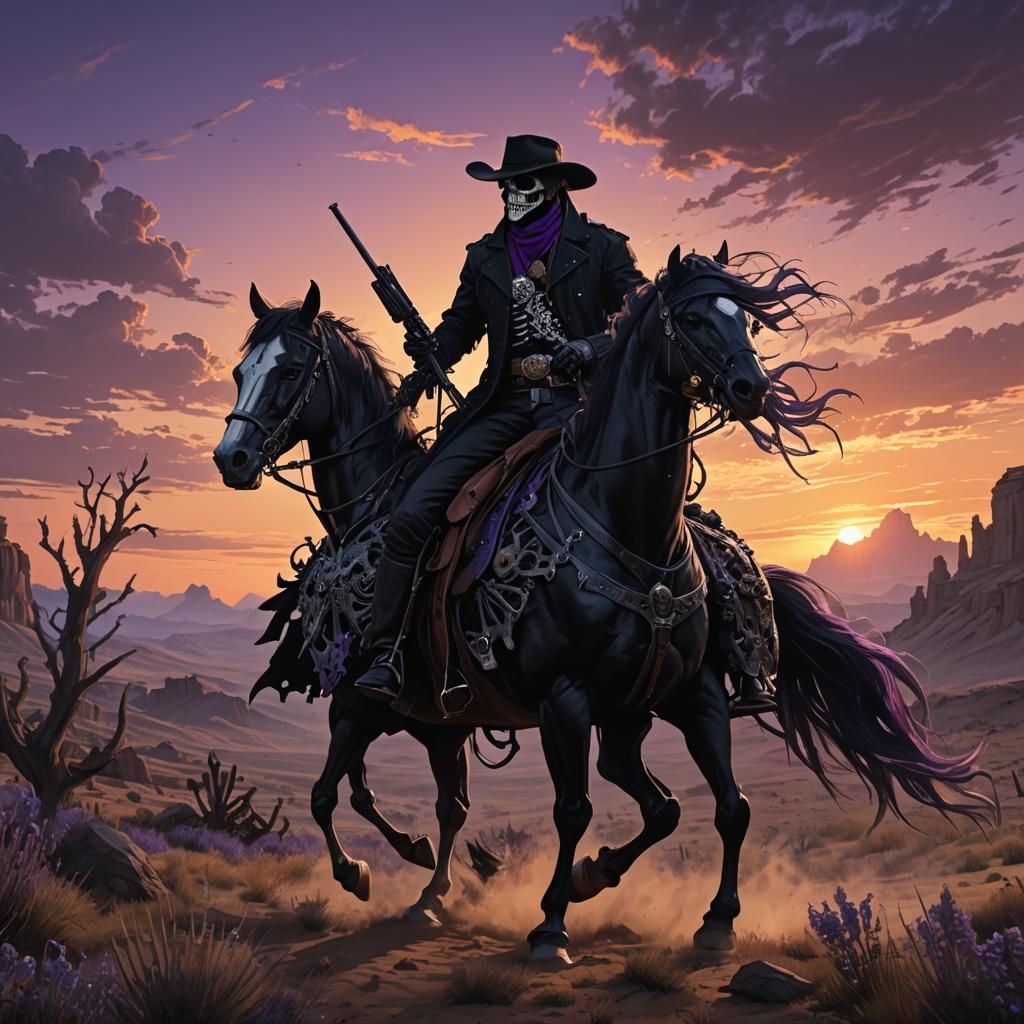 Skeleton Cowboy Rides at Sunset: Dark Fantasy Art