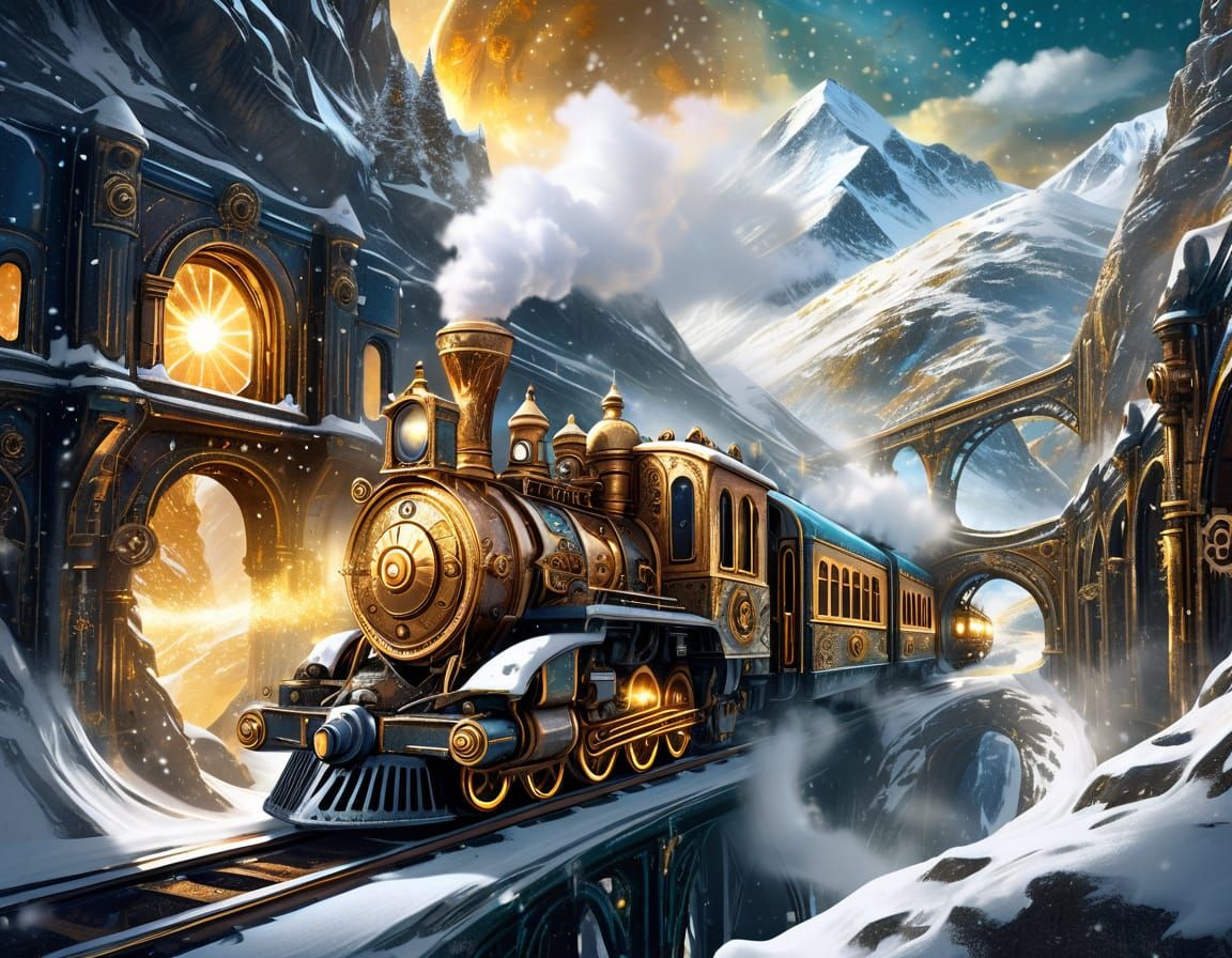 Steampunk Train in Snowy Mountains