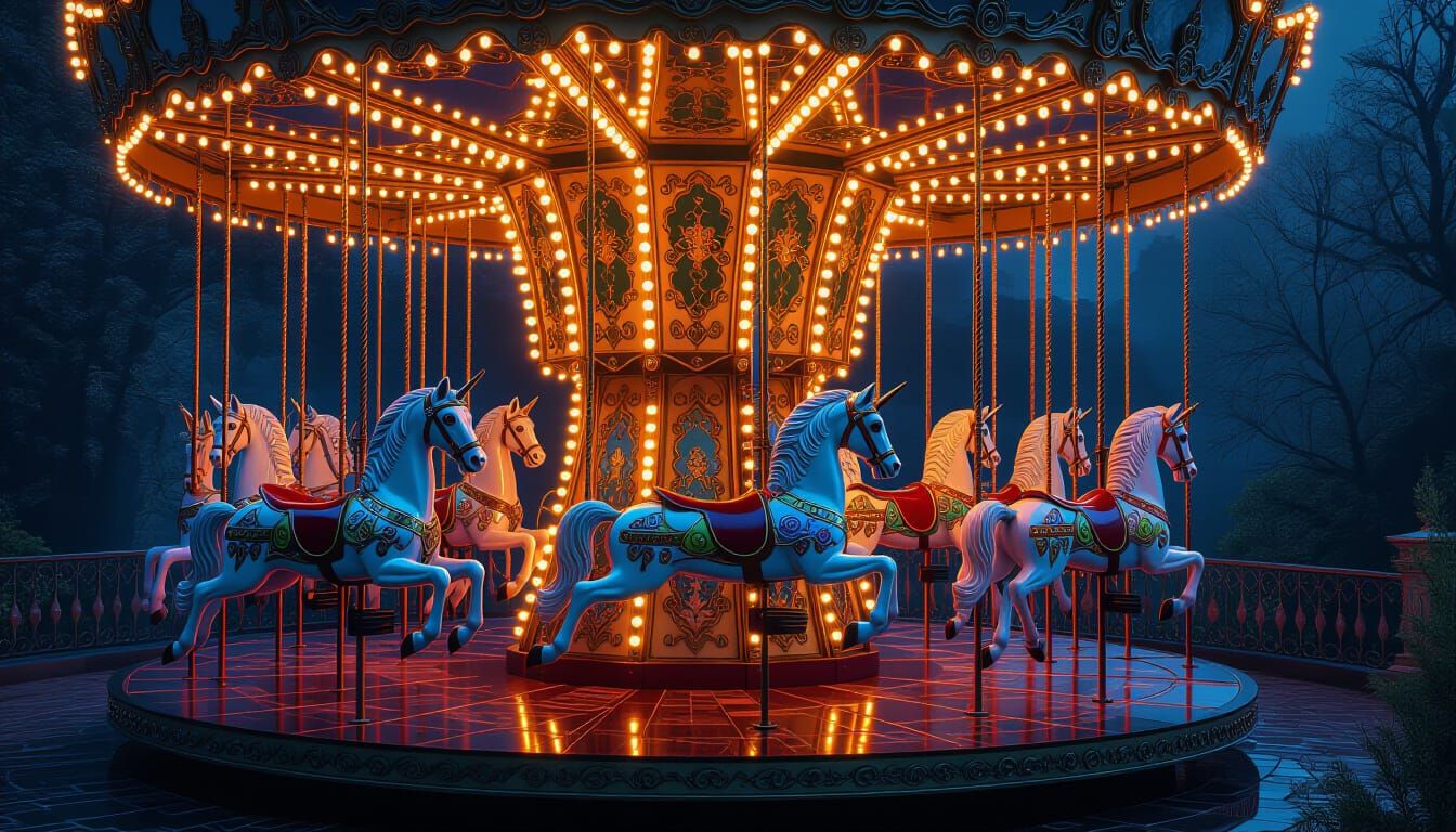 Surreal Abandoned Luna Park with Bioluminescent Carousels