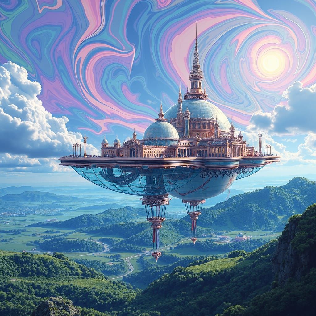 Psychedelic Floating City in Hyperrealistic Style