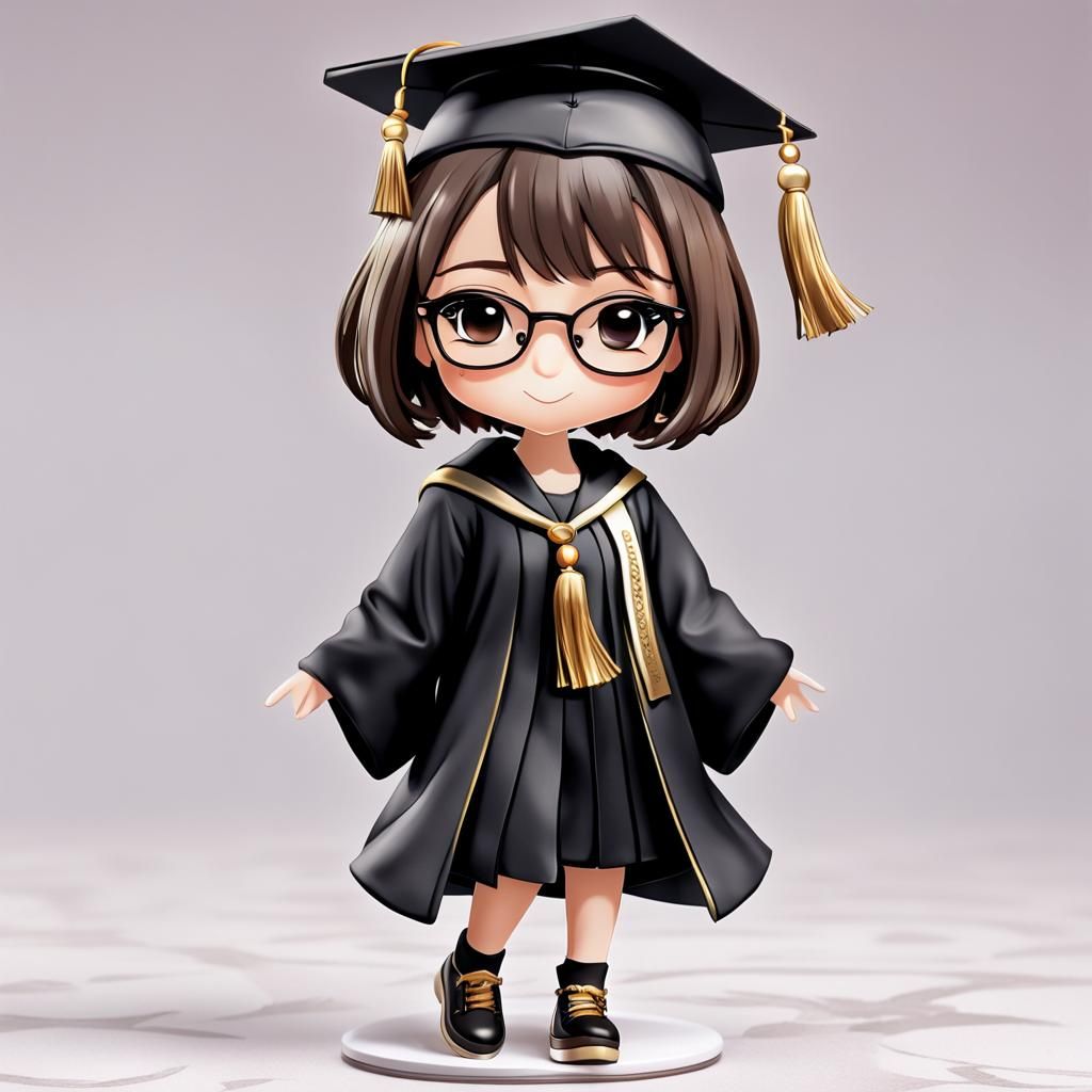 Chibi Graduation Girl in Black Gown, Digital Art