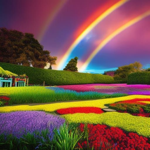 Whimsical Rainbow Garden in Hyperrealistic Digital Art