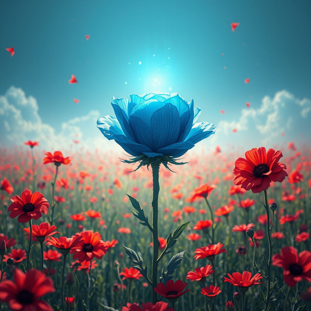 Crimson Fields with Blue Rose: Fantasy Art