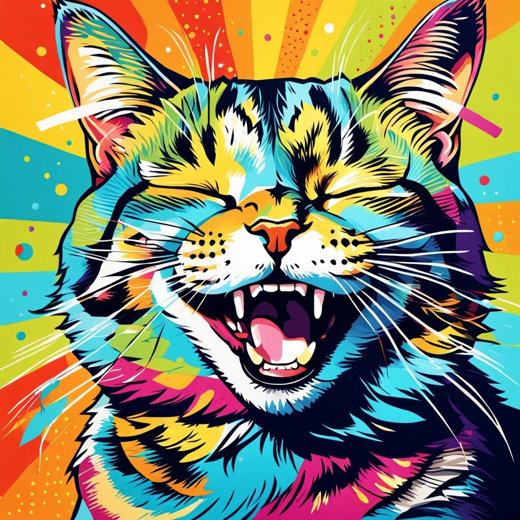 Laughing Cat Portrait in Pop Art Style