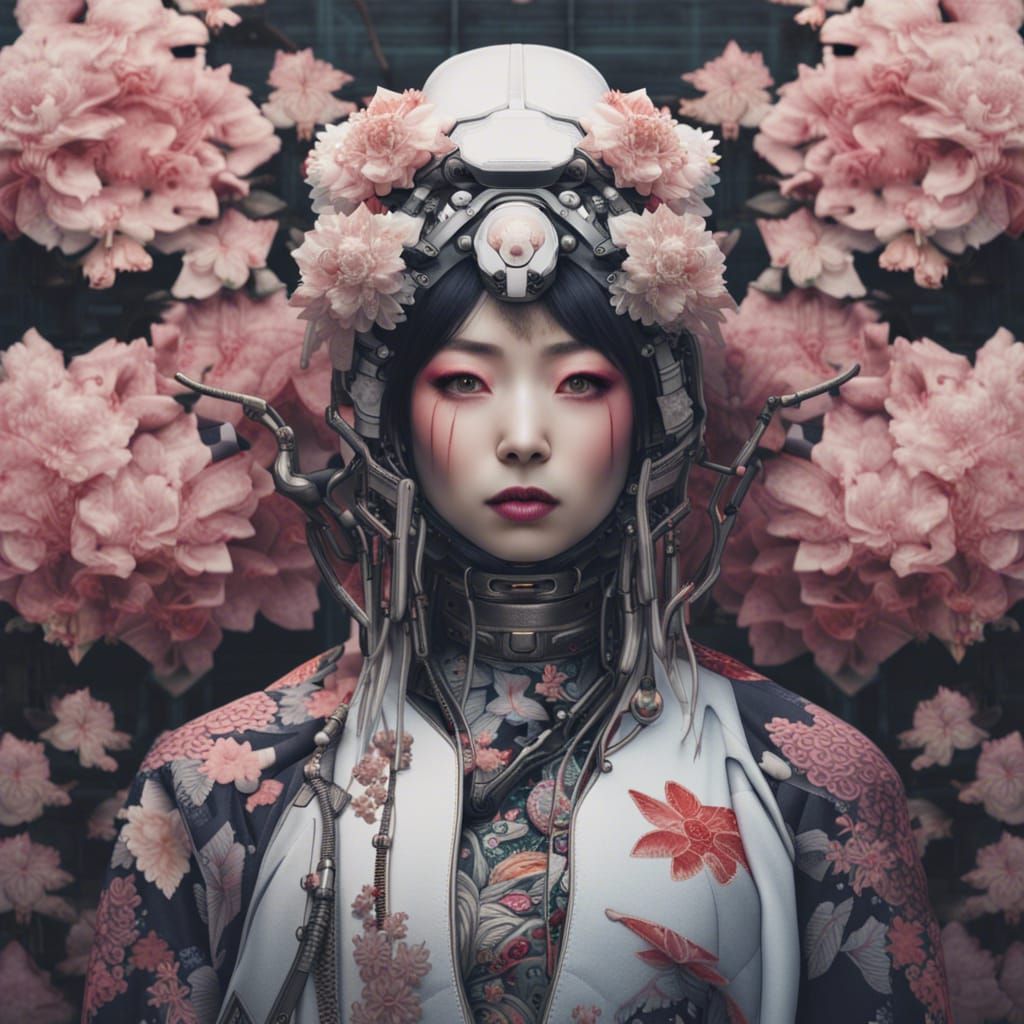 Japanese Cyborg Maiden in Cyberpunk Spacecore Style