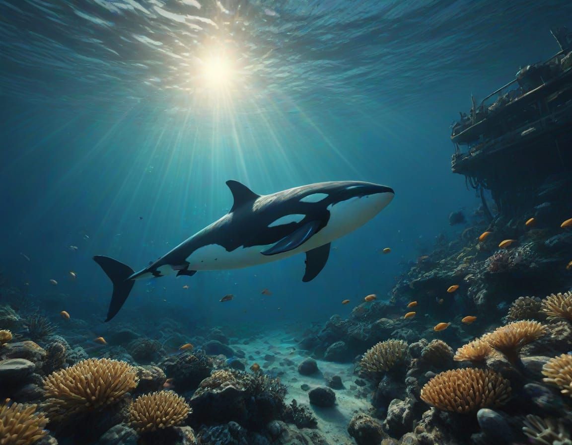Killer Whale in Cinematic Ocean Scene with Pirate Shipwreck