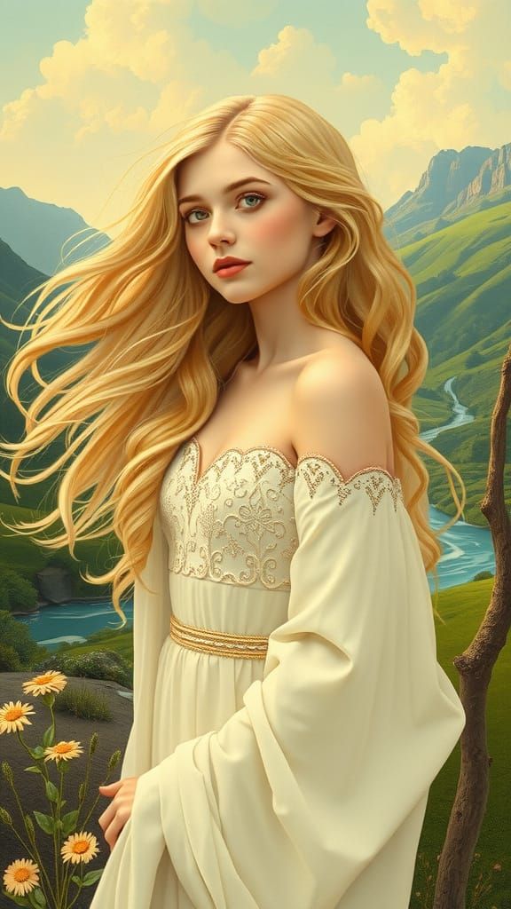 Art Nouveau Woman in Ethereal Landscape with Flowing Hair