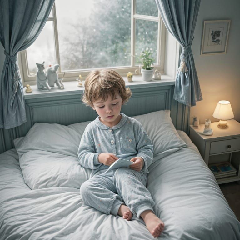 Whimsical Boy's Cozy Bedtime Scene in Pastel Colors