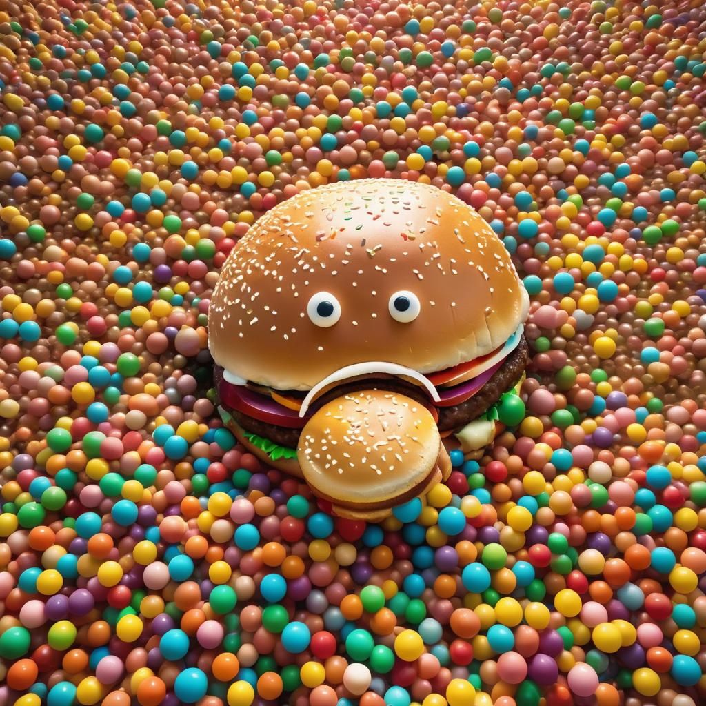 Giant Burger in Ballpit: Retro Cinematic Film Still