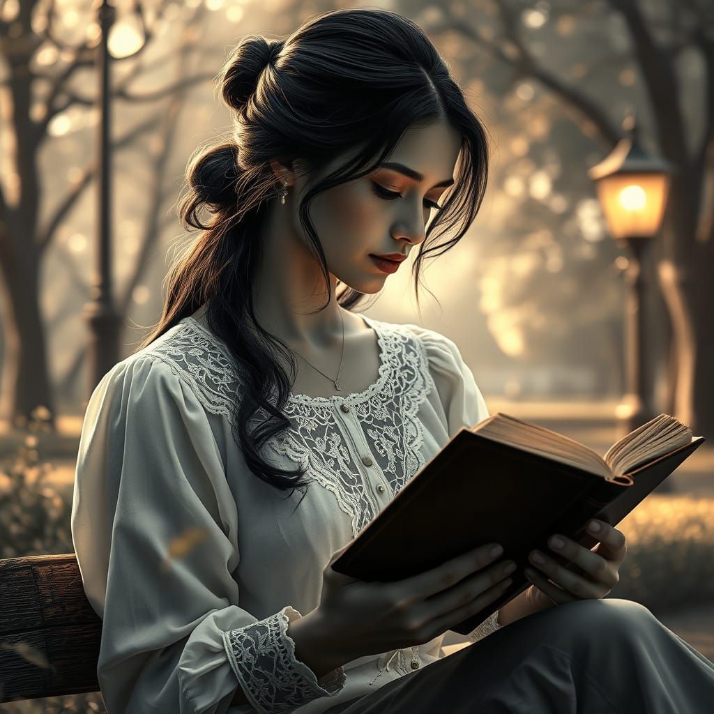 Serene Young Woman in a Black and White Park Scene