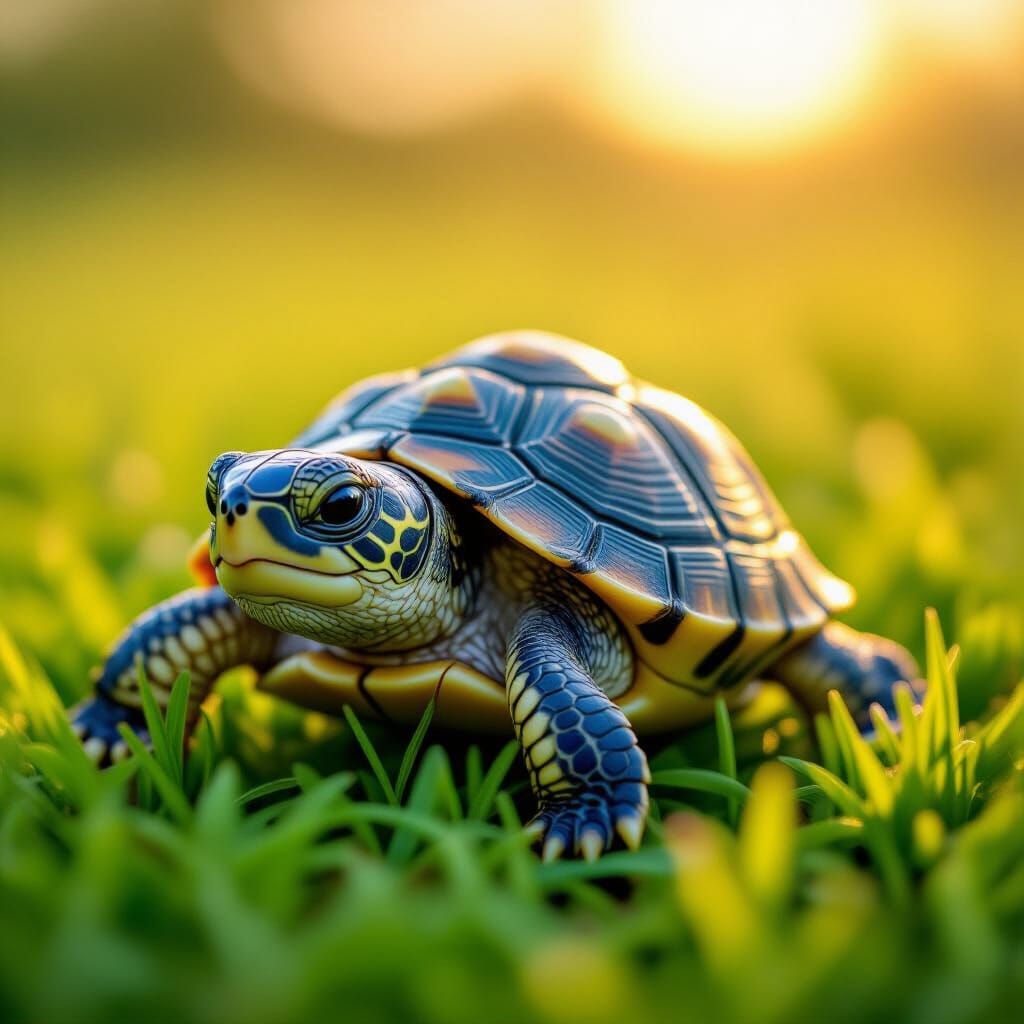 Cute Baby Turtle with Painted Shell in Golden Hour Light