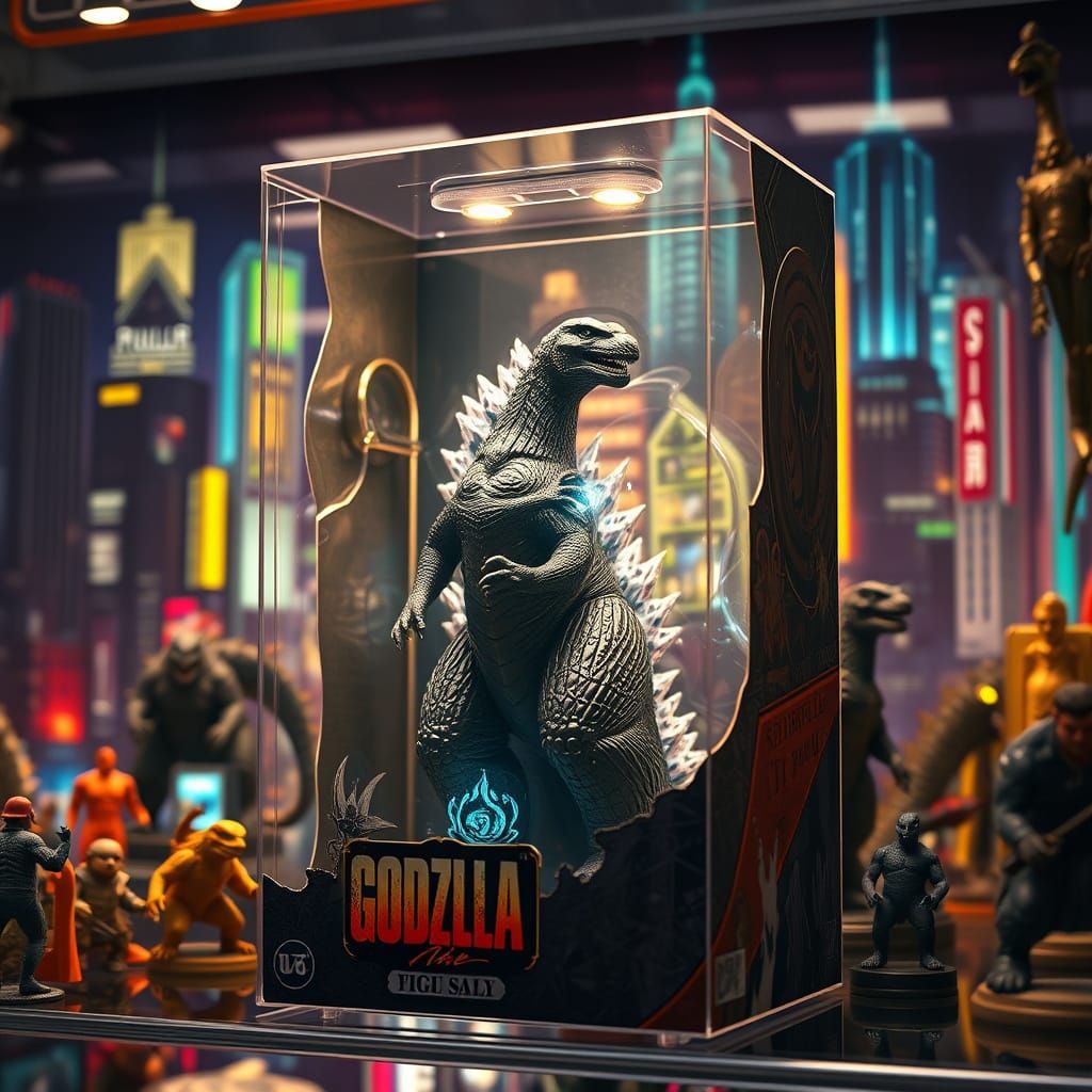 Godzilla Collectible Figure on a Neon City Shelf
