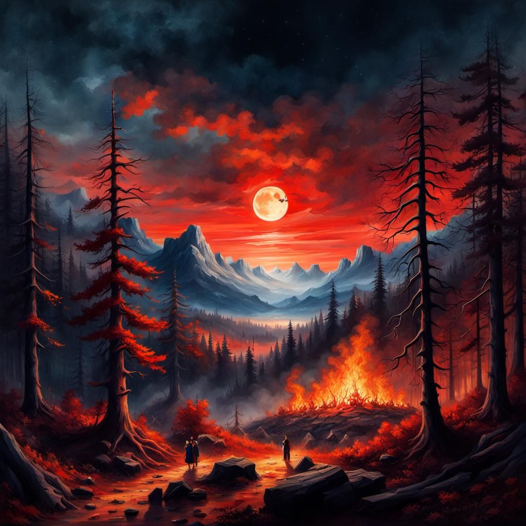 Scary Autumn Forest Bonfire Under Moonlight