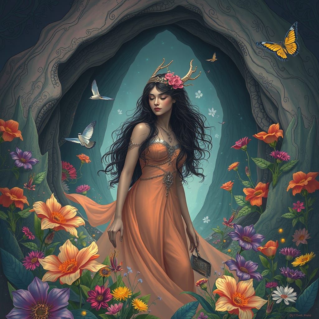 Mystical Woman in a Lush Fantasy Landscape
