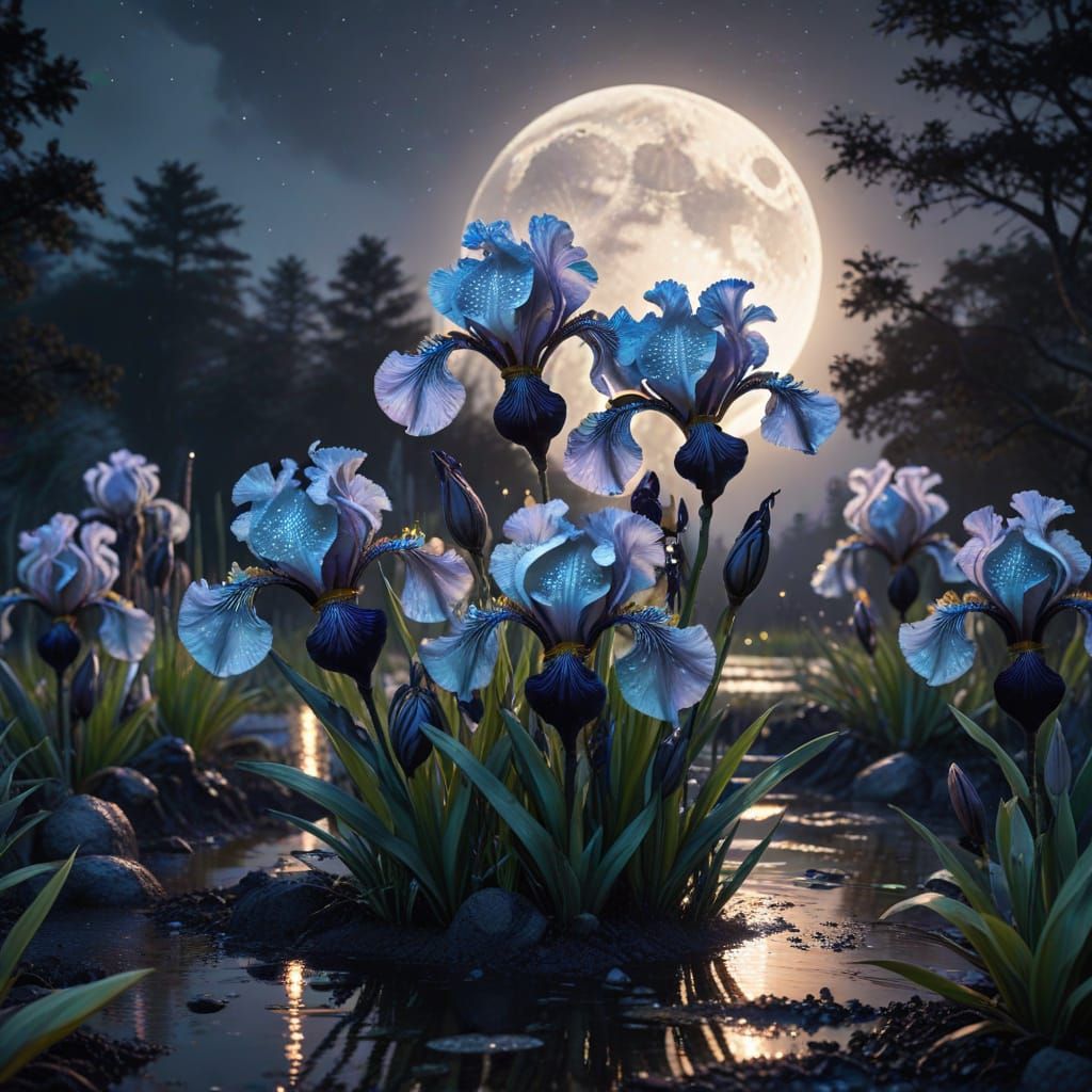 Iridescent Black Iris Flowers under Moonlight
